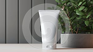 White plastic tube with moisturizing cream for hands or face. Skin care. Toothpaste. Modern grey bathroom design. Copy