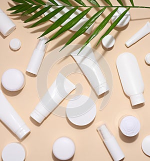 White plastic tubes, jars, and gypsophila branches on a beige background, containers for cosmetic creams and gels, advertising and