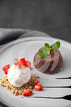 White plate with chocolate fondant cake with ice cream