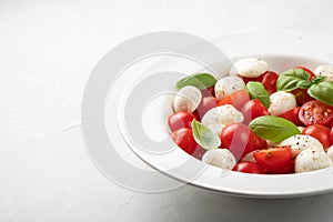 White plate of classic delicious caprese salad with ripe tomatoes, mozzarella and fresh basil leaves on gray background with copy