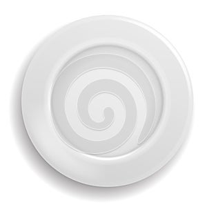 White plate empty. Clean realistic ceramic porcelain plate top view, round shiny dish bowl from above, serving meal