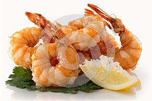 white plate filled with a delicious shrimp dish, lemon wedge and parsley garnish