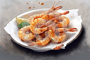 white plate filled with a delicious shrimp dish, lemon wedge and parsley garnish