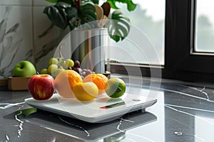 A white plate filled with fresh fruit sitting on a kitchen counter