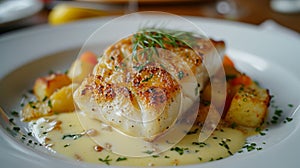 A white plate with fish and potatoes on it sitting in a bowl, AI