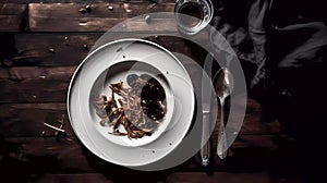 white plate with food, on a dark background.