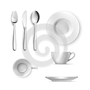 White plate, fork, knife, spoon, cup, table cutlery set, flat lay and side view. Empty dishes for dinner, breakfast or