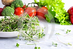 White plate with fresh micro greens is on a white plate with green and red vegetable photo