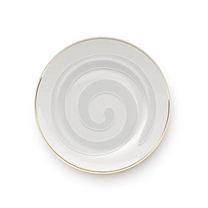 White plate with gold border for dishes. Top view of empty clean kitchen plate vector illustration. Round realistic