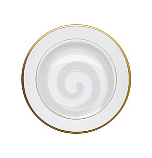 White plate with gold rims on white background