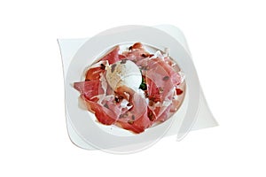 White plate with ham and burata cheese isolate on white