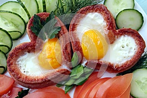 In a white plate is a heart of sausages with egg and vegetables