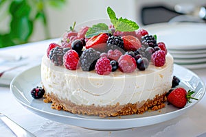 A white plate holds a decadent cheesecake with a crispy base, topped generously with an assortment of colorful berries