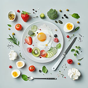 A white plate holds a fried egg surrounded by a variety of colorful fruits and vegetables, A modern, minimalist depiction of a