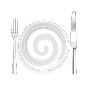 White Plate and Knife and Fork with on White Background