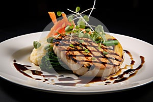 White Plate With Meat and Vegetables, Delicious and Nutritious Meal for Every Day, Grilled swordfish steak, gourmet fine dining