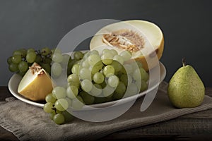 White plate with melon and grape next to pear. Classic still life. Soft light.
