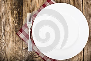 White plate and napkin Serving linen, menu