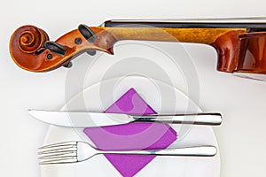 White plate and old violin on the white wooden table