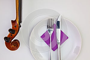 White plate and old violin on the white wooden table