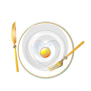 White Plate, realistic gold tablewares, Fried egg in shape heart to Valentines day. Isolated in light background. Food ads use for