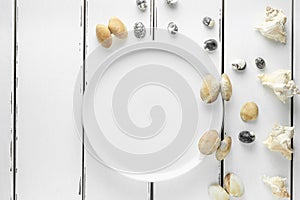 White plate with seashells on white wooding background, wallpaper top view