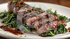 A white plate showcasing a grilled steak topped with fresh greens, creating a visually appealing and appetizing meal
