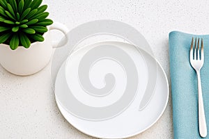 White plate sits on a table with a fork and a napkin