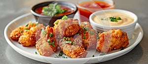 White Plate With Tater Tots and Dipping Sauce photo
