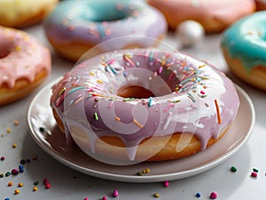 A white plate topped with donuts covered in frosting