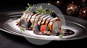 a white plate topped with fruit and chocolate on top of a wooden table