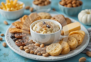 A white plate with a variety of snacks including crackers, cheese, and nuts