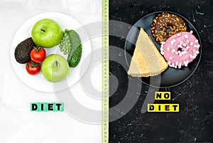 White plate with vegetables and fruits and black plate with donuts and cake on contrast backgrounds divided with measuring tape