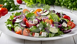 A white plate of vegetables with tomatoes, onions, cucumbers, lettuce, and cheese