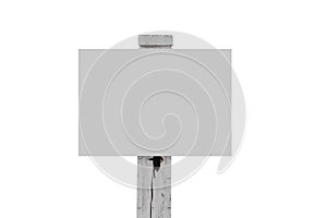 White plate on a wooden post isolated on white.