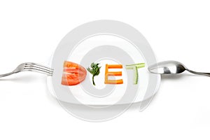 White plate with word diet composed of slices of different fruits and vegetables