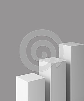 white platform podium stand three box gray background. object with clipping path. copy space. booth mockup with minimal concept.