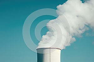 A white plume of steam rising from a cooling tower against a clear blue sky.