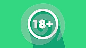 White Plus 18 movie icon isolated on green background. Adult content. Under 18 years sign. 4K Video motion graphic