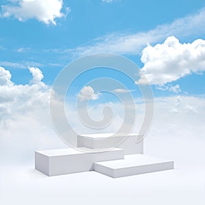 White podium 3D render mock up isolate montage photo with blue sky and soft clouds product display stand abstract background