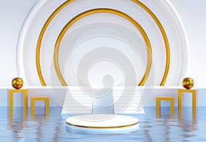 White podium background with decorative objects and golden rings ideal for poster, cover, branding wallpaper, banner, website.