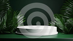 white podium with decorative palm leaves on dark green background