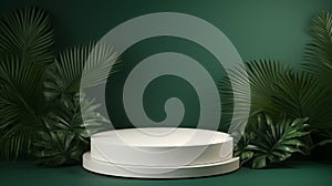 white podium with decorative palm leaves on dark green background