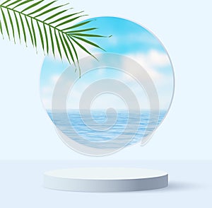 White podium display with palm tree shadow for product presentation, summer blue sky background