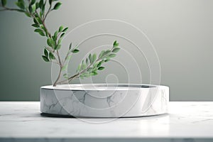 White podium display for product advertising. cosmetic product stand with green leafes decoration. abstract minimal advertise.