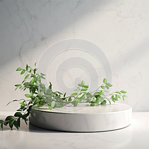 White podium display for product advertising. cosmetic product stand with green leafes decoration. abstract minimal advertise.