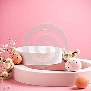 White podium with Easter quail eggs