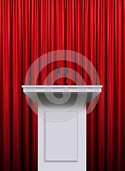 White podium over red curtain background photo