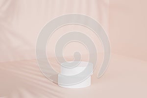 White podium or pedestal for products or advertising on beige background with tropical leaf shadow, 3d render