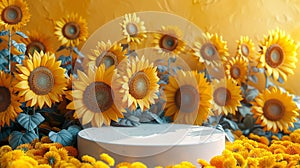 white podium or platform on ackground of summer sunflowers., for advertising products or goods
